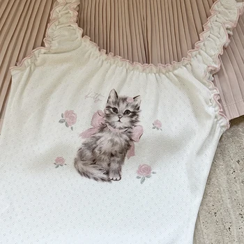 귀여운 소녀용 니트 크롭탑, 귀여운 탱크탑, 할로우 아웃 토끼 및 고양이 프린트, 귀여운 크롭, 여름 2024
