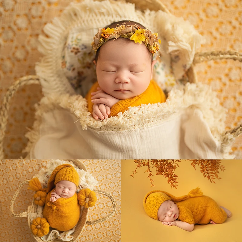 

INS Style Baby Photography Woolen Wrap Newborn Photo Handmade Knitted Hat Jumpsuit Set Baby Posing Autumn Theme Pumpkin Props