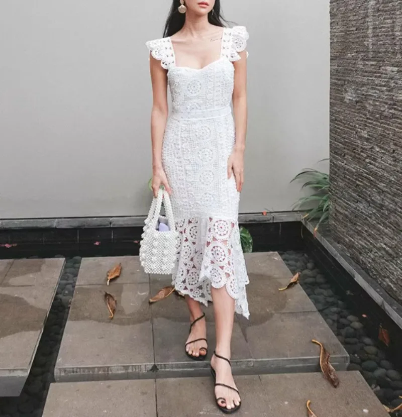 White Elegant Women Dress Summer Vacation Slash Neck Flora Embroidery Womens Clothing Runway Design Bodycon