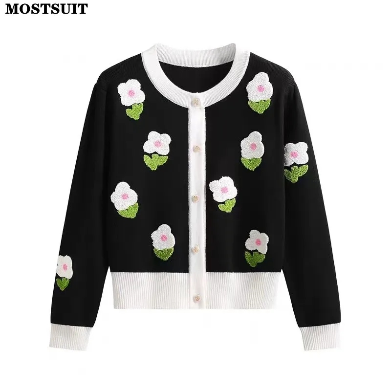 

Elegant Vintage Flower Knitted Cardigan Sweater For Women 2023 Autumn Long Sleeve Single-breasted Fashion Ladies Knitwear Jumper