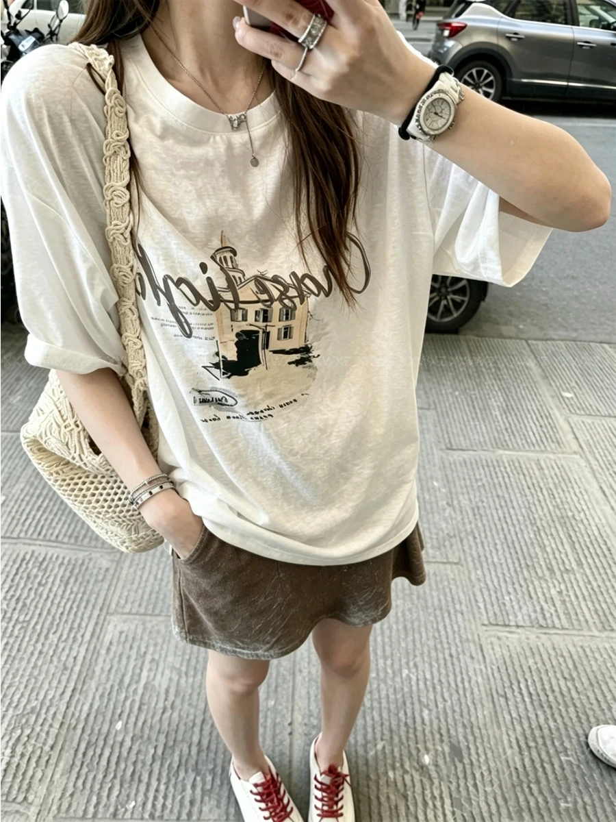 

plus Size Women's Summer Fashionable American Retro Letter Print Loose Soft Short Sleeve T-Shirt Vintage Style round Neck Top