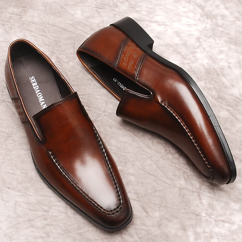 HKDQ Genuine Leather Mens Loafers Slip-on Dress Shoes Burgundy Black Party Wedding Formal Shoe Male Casual Business Shoe For Men