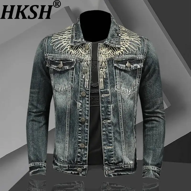 HKSH Spring New Men Tide Dark Punk Vintage Jacket Denim Coat Casual Slim Streetwear Turn-Down Collar Cycling Motorcycle HK23173