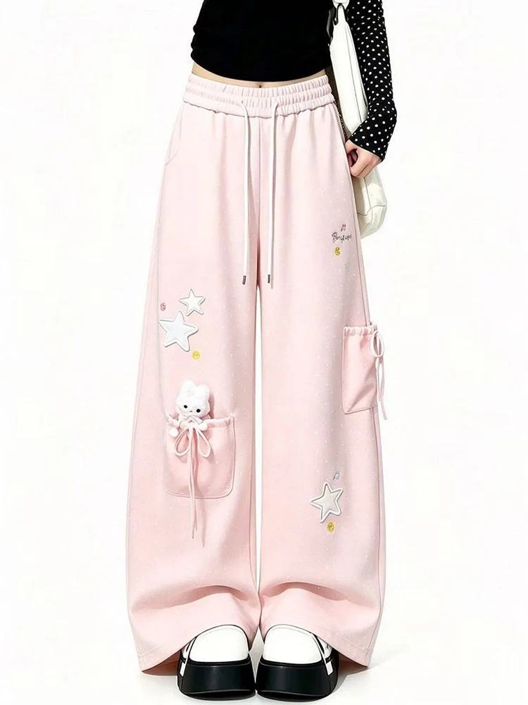 Fall Kawaii Pink Pant Women Fashion Preppy Style Loose Sweet Trousers Chic Cute Cartoon Rabbit Stars Print Lady Wide Leg Pants