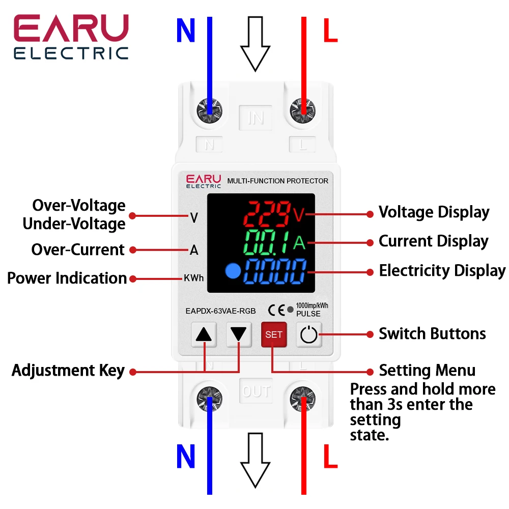 63A 230V 3IN1 Display Adjustable Over Voltage and Under Voltage Protective Device Protector Relay Over Current Protection Limit