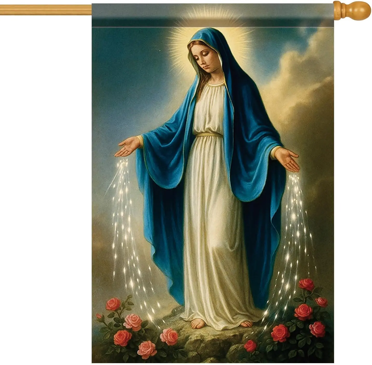 Christian House Flag 28x40 Inch Virgin Mary Garden Flag Double Sided Praying Mother Glowing Hands Red Roses Yard Banner Outd GGO