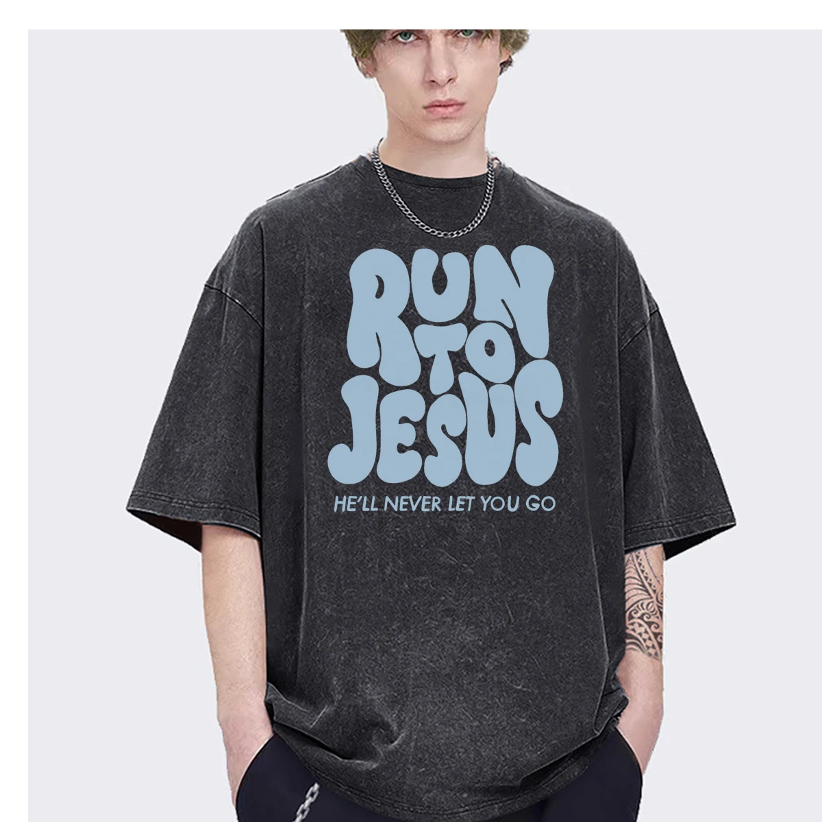 Run to J-Jesus loves you he know you printed Ins Oversized t shirt men Women Fashion Casual Vintage Washed Streetwear Cotton top