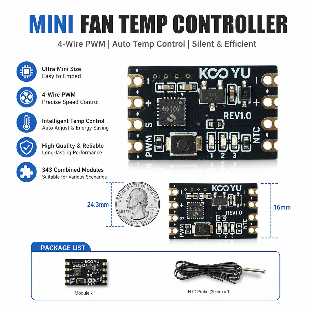 Mini 4-Wire PWM Fan Temp Controller DC 5-15V Tiny Speed Regulator With 30cm NTC Probe Silent Auto Adjust For PWM Fans