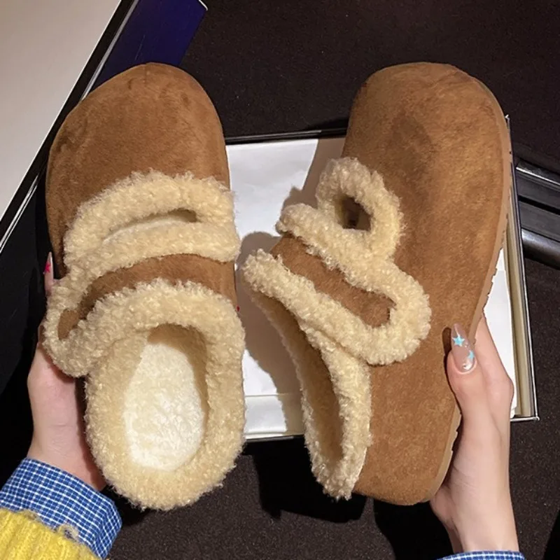 

Модные женские плюшевые тапочки на плоской подошве, повседневные зимние туфли-лодочки, новые тенденции 2024, сандалии с открытой пяткой, замшевые удобные Zapatillas De Mujer