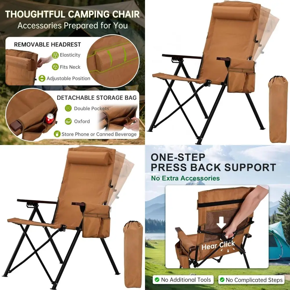 

Регулируемый походный стул с высокой спинкой для взрослых со съемной сумкой и подушкой, вмещает 300 фунтов, желтый