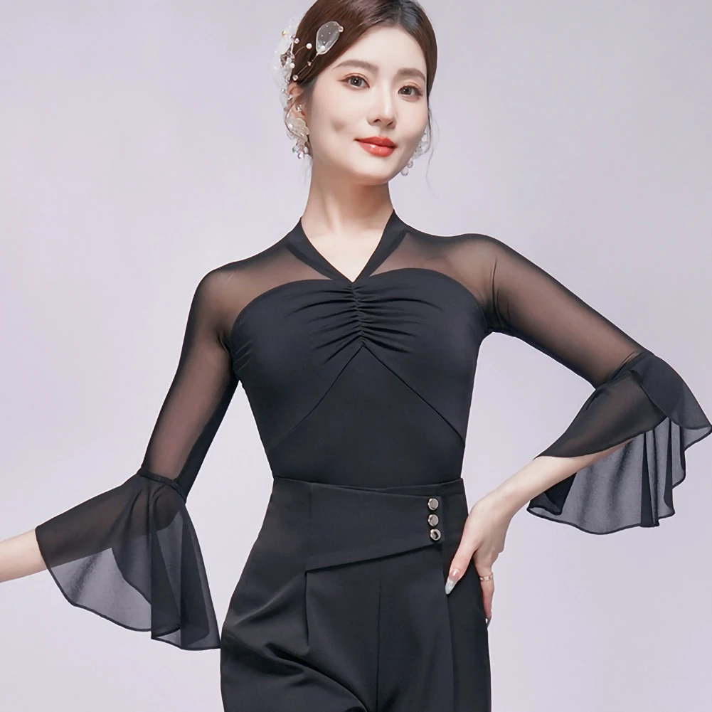 Manica in corno Top da ballo latino Ballo da sala Palla viola Scollo a V Samba Nero Blu Camicia da pratica di danza da donna Nuovo