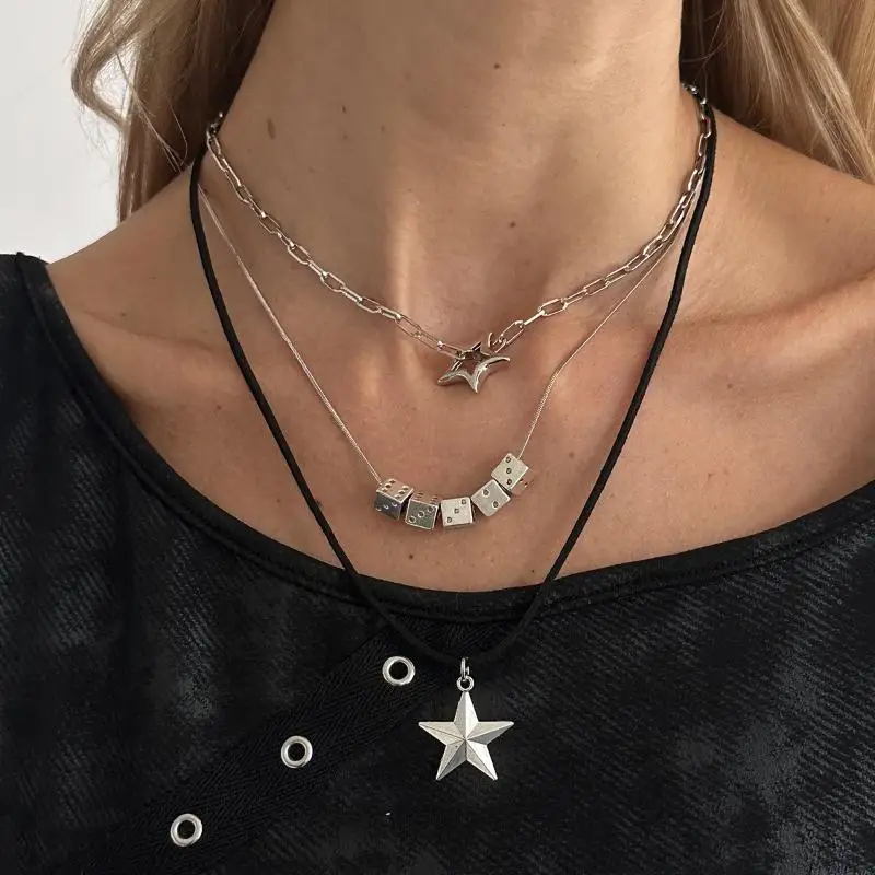 Modische Metall-Sternanhänger-Halskette für Frauen, Punk Hip Hop Silberfarben, mehrschichtige Pentagramm-Quasten-Halskette, Y2K-Schmuckgeschenk – Detail 6