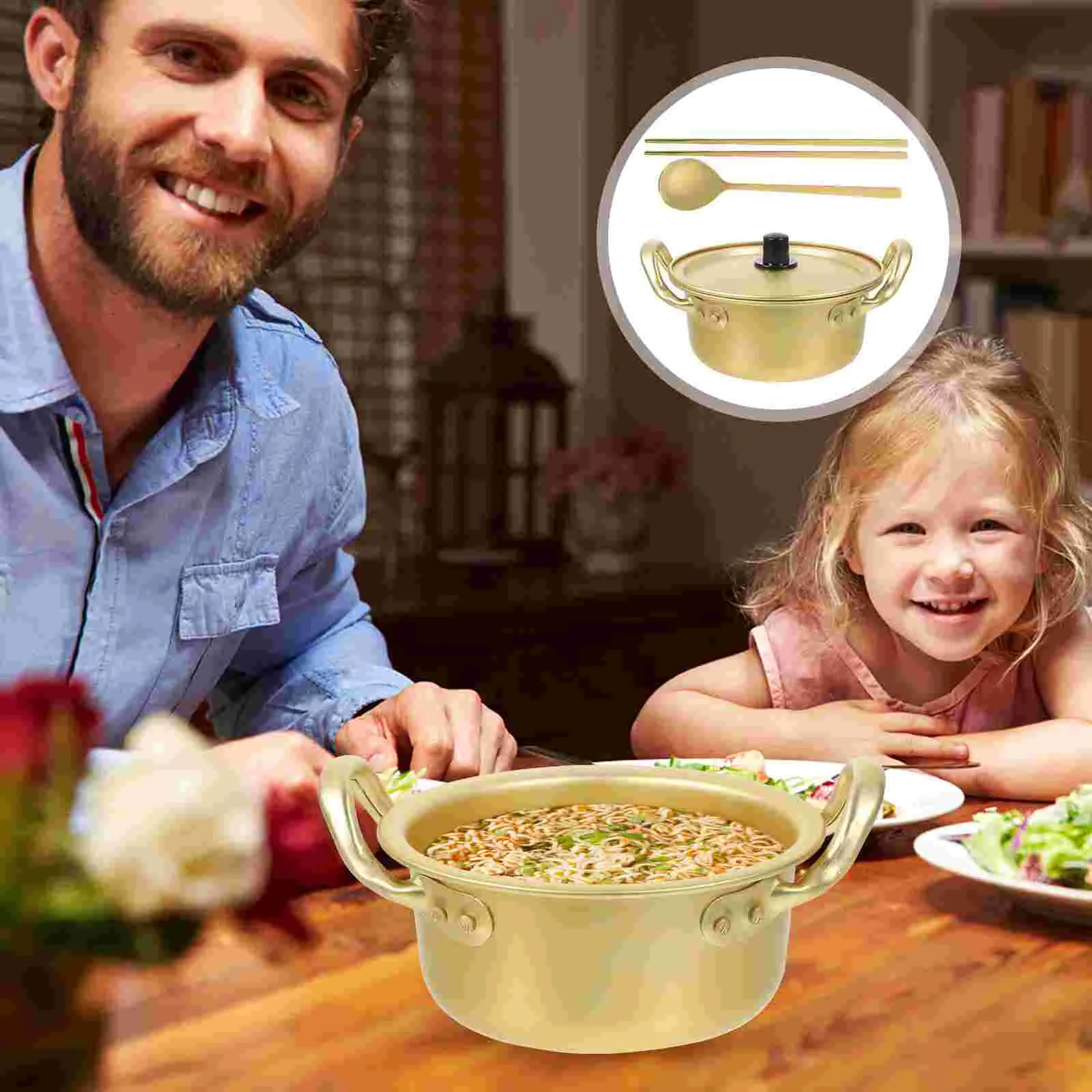 

Instant Noodle Pot Restaurant Cooking Double Handled Aluminum Hand-Pulled Fast Heating Ramen Stock with Chopsticks