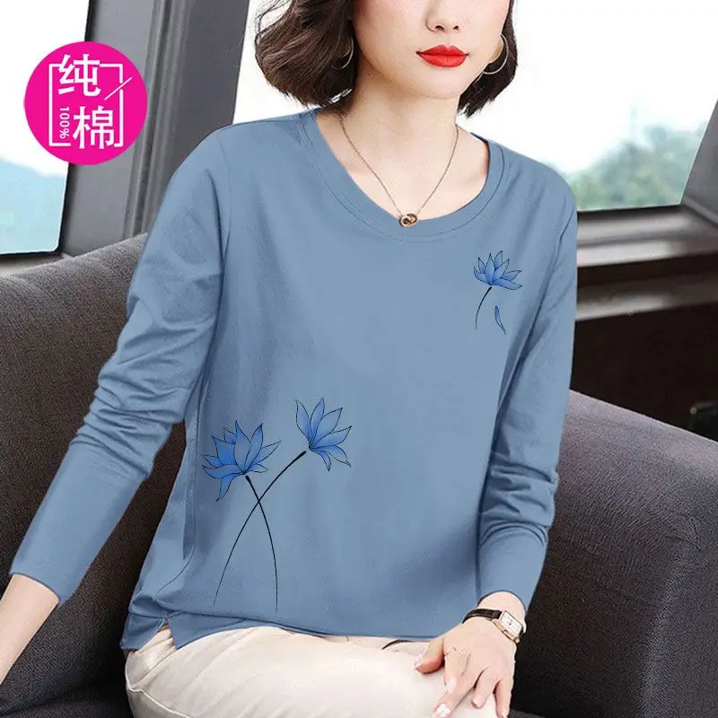 

Long-sleeved Pure Cotton Tops for Women Ethnic Style Bottoming Shirts T-shirts Round Neck Long-sleeved Versatile Pullovers