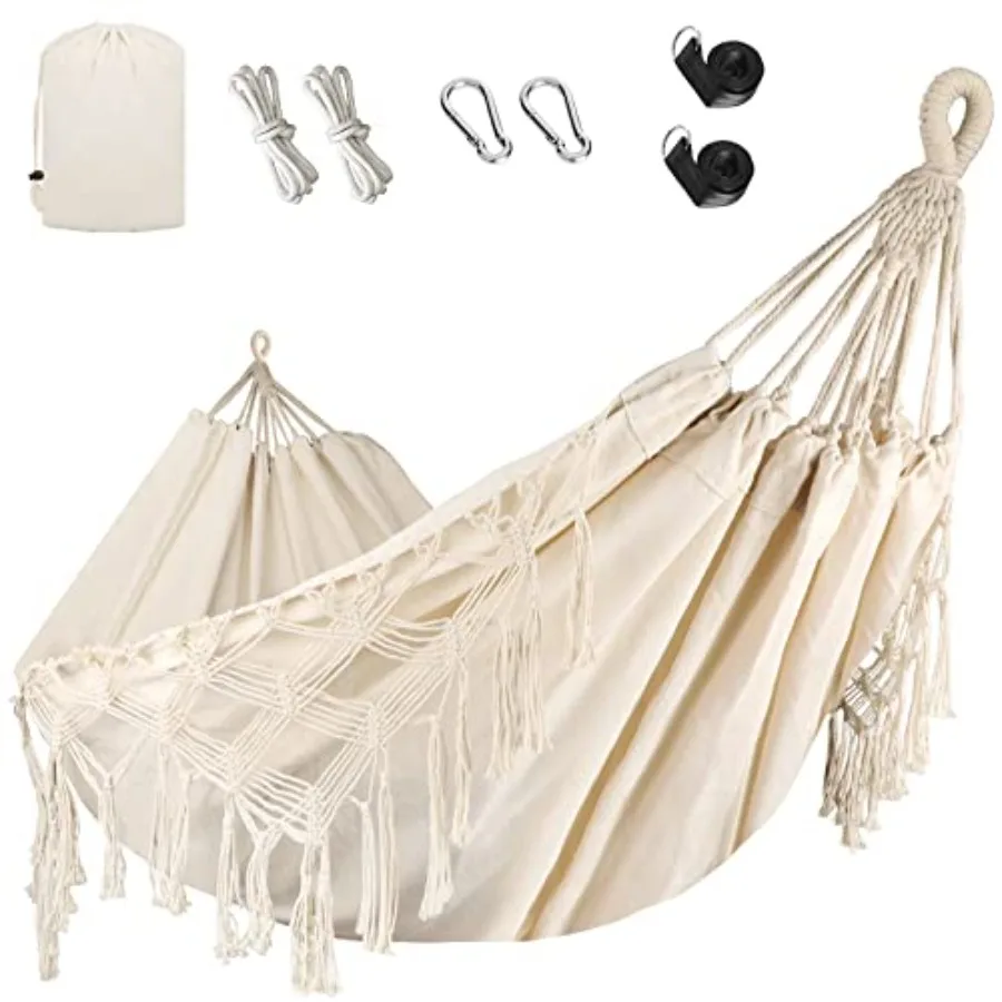 Double Hammock, Heavy Duty 500 lb Load Capacity Tassels and Fishtail Knitting Portable Camping Hammocks with Mounting Straps fo