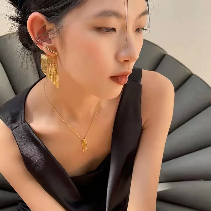 French Retro Metal Tassel Earrings With High-End Stud Earrings On The Front And Back Fashionable Elegant Gift For Friends