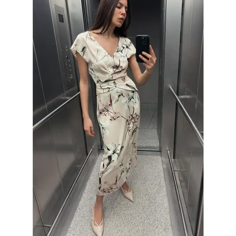 エレ ハイウエスト 花柄プリント シルクサテン オルト スベ Vネック 夏 カジュアルシック レディース ドレス ファッション トレンド