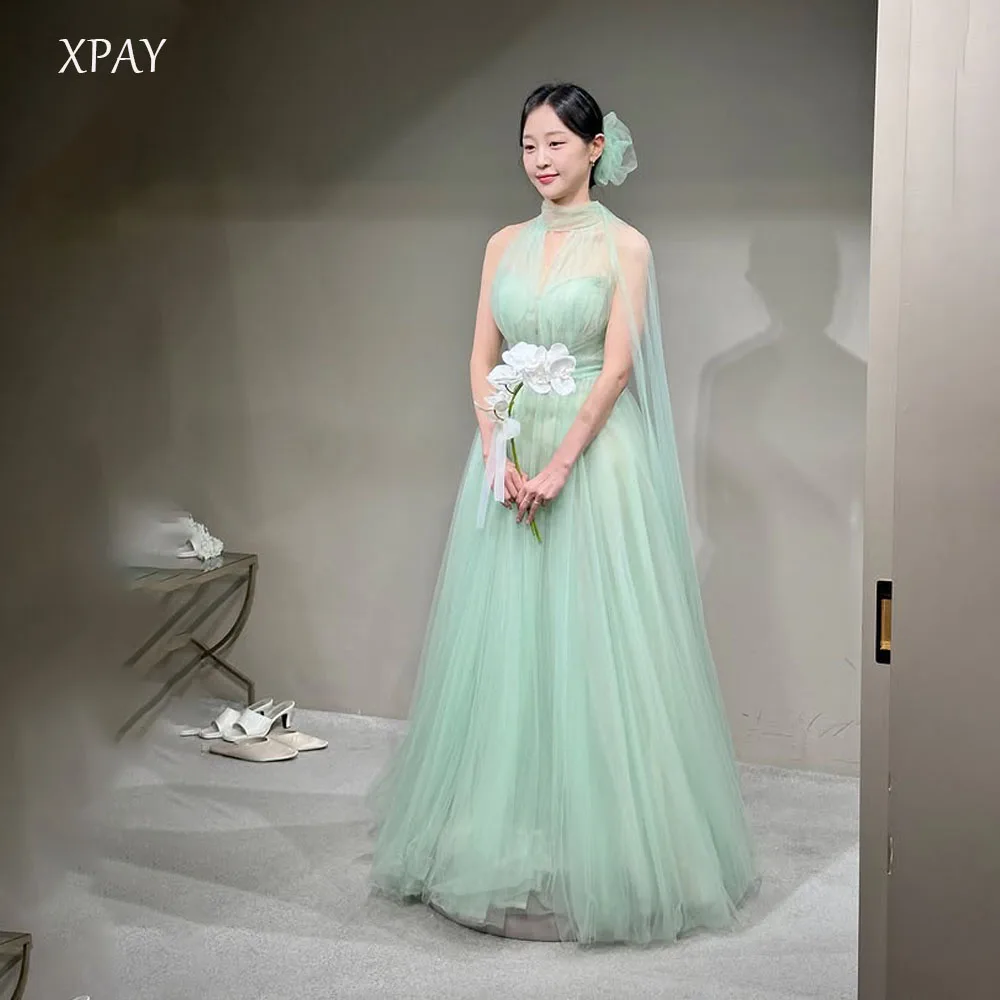 

XPAY Garden Mint Green Korea A Line Evening Dresses Halter PhotoShoot Floor Length Soft Tulle Formal Party Prom Gowns Customized