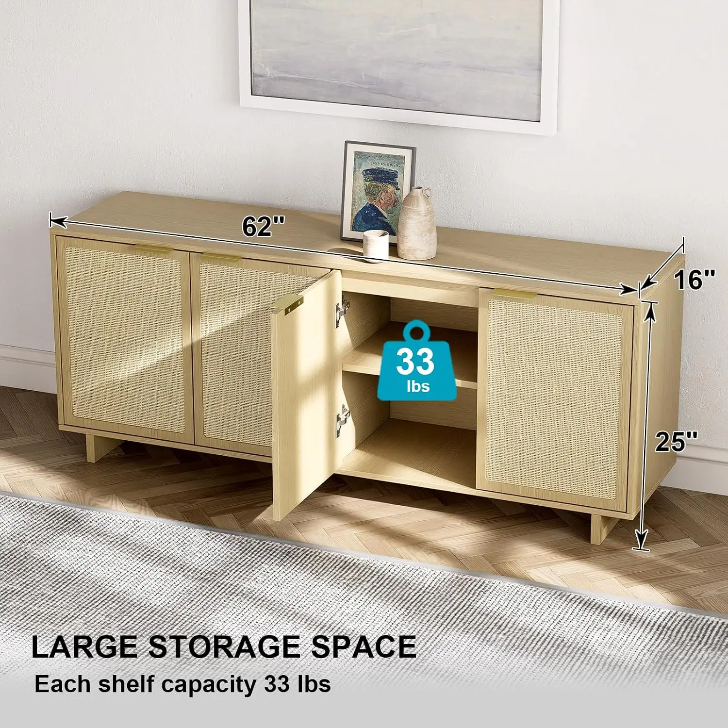 Boho TV Stand with 4 Rattan Storage Cabinets, Farmhouse Media Console for 45-65 Inch TVs, Living Room & Bedroom, Customized