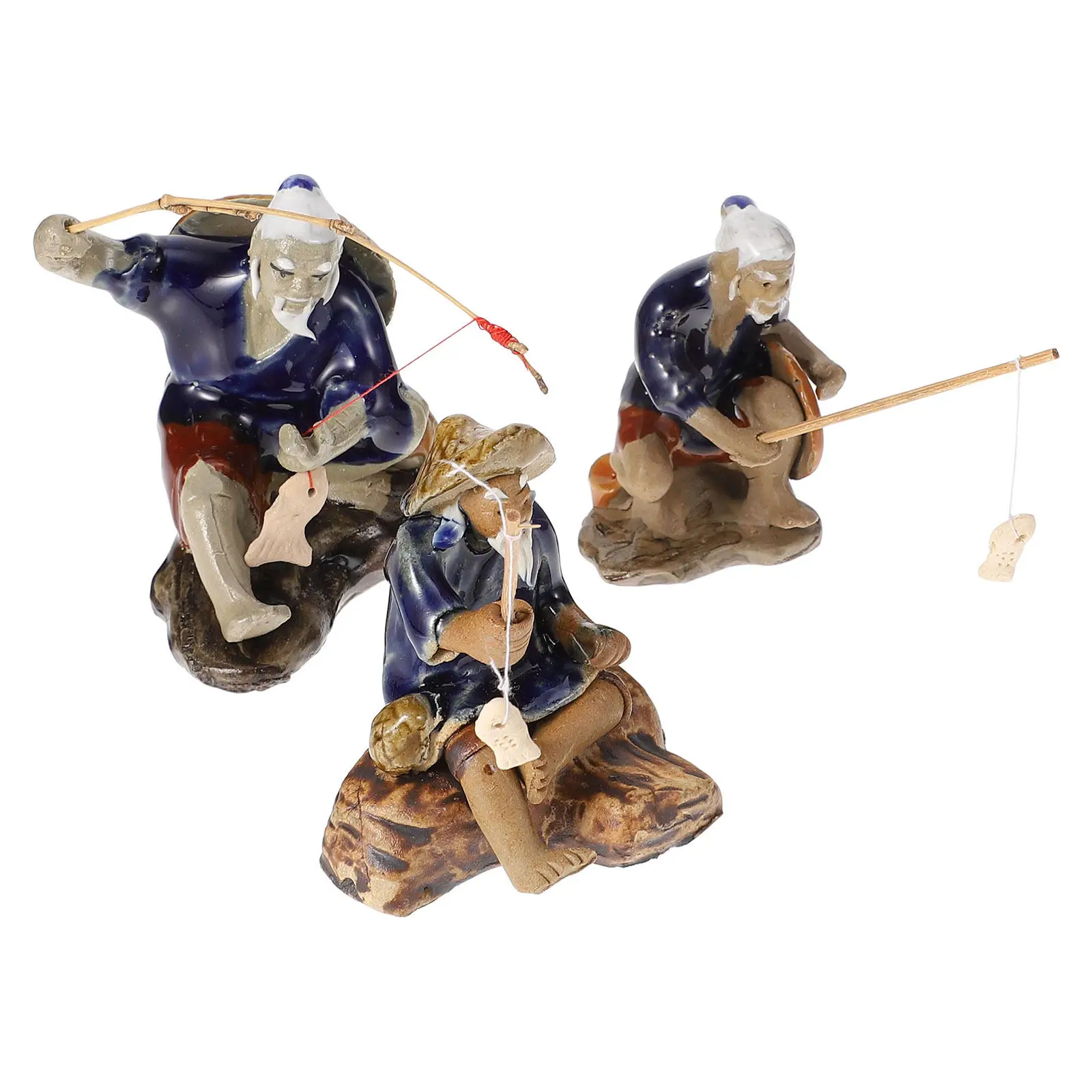 3pcs Ceramic Fisherman Fishing Ornaments for Aquarium, Fish Tank, Garden & Bonsai – Natural, Safe, Non-Fading Decor