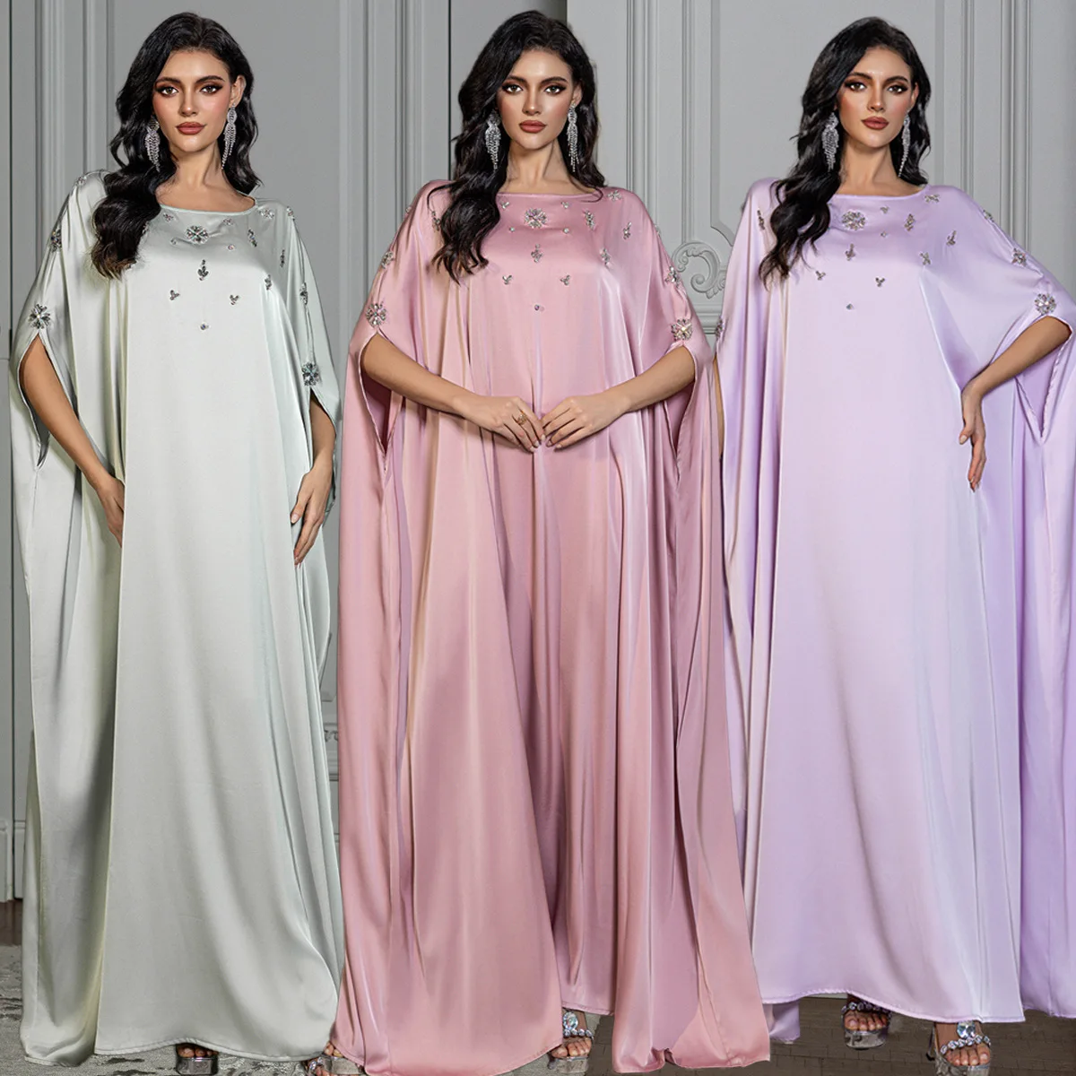 Dress Women Eid Party Abaya Diamonds Dresses Muslim Batwing Sleeve Kaftan Jalabiya Vestidos Ramadan Morocco Dubai Arab Long Robe