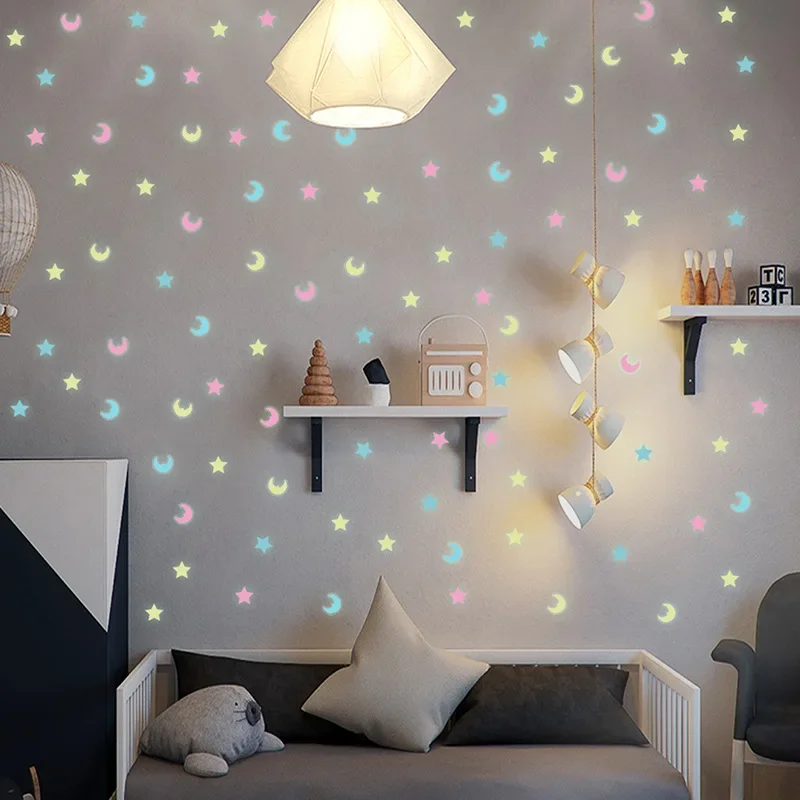 300 Uds. Adhesivo de pared 3D de estrella y Luna de colores mezclados luminosos, pegatinas para decoración del hogar que brillan en la oscuridad para habitaciones y salas de estar