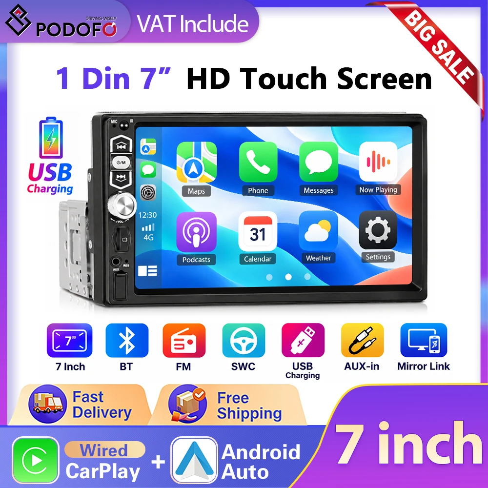 Podofo, autoradio da 7 pollici, formato 1DIN, con CarPlay e Android Auto, funzione Mirror Link, lettore MP5, schermo LCD touchscreen, lettore multimediale, autoradio con Bluetooth, radio FM, controllo