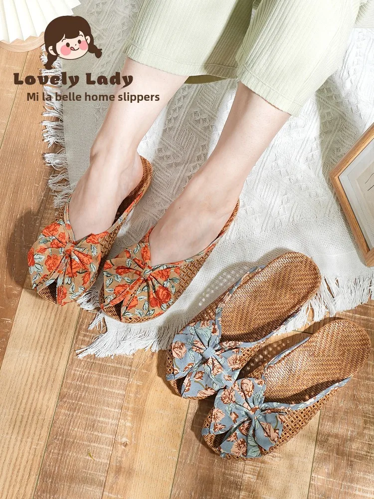 

Новые летние домашние тапочки из бамбукового плетения с узлом и цветочным принтом, дышащие удобные молодежные тапочки