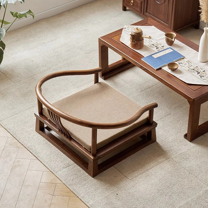 Modern Chinese Tatami Chairs Solid Wood Floor Seat Balcony Legless Meditation Stools for Tea Ceremony Bay Window Backrest Chair