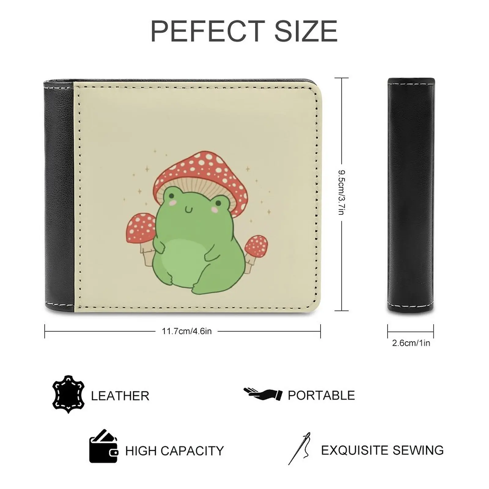 Kawaii Frog With Mushroom Hat And Toadstools-Cottagecore Men Wallet Pu Leather Short Male Purses Credit Card Wallet For Men