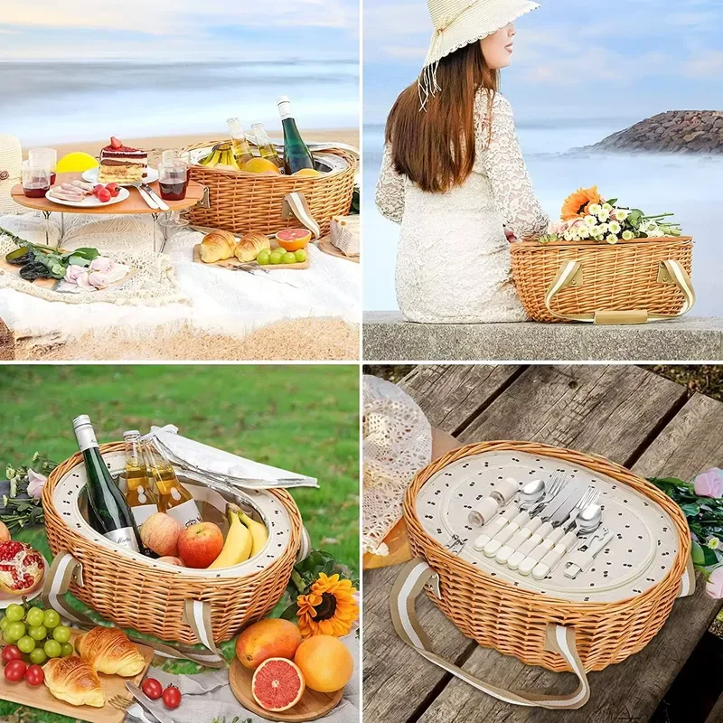 Girly Picnic Baskets Cane Basket Hander Plastic Lid Mini Lids Hamper Lined Wicker Wood Woven Chip Cooler Foldable Insulated view 3