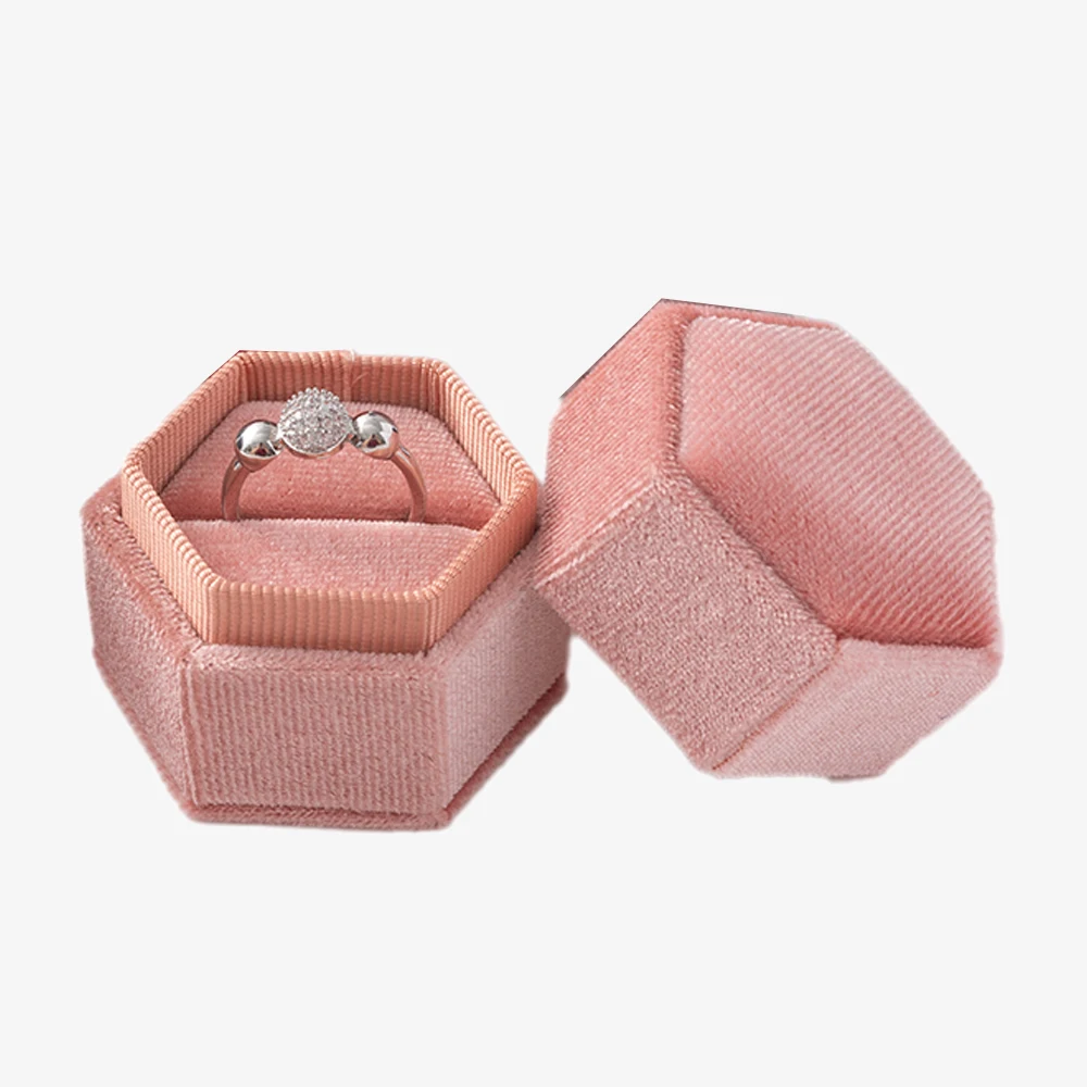 Pink Red Hexagon Velvet Ring Single Slot Box Display Holder for Small Business Packaging Wedding Ceremony Proposal Engagement