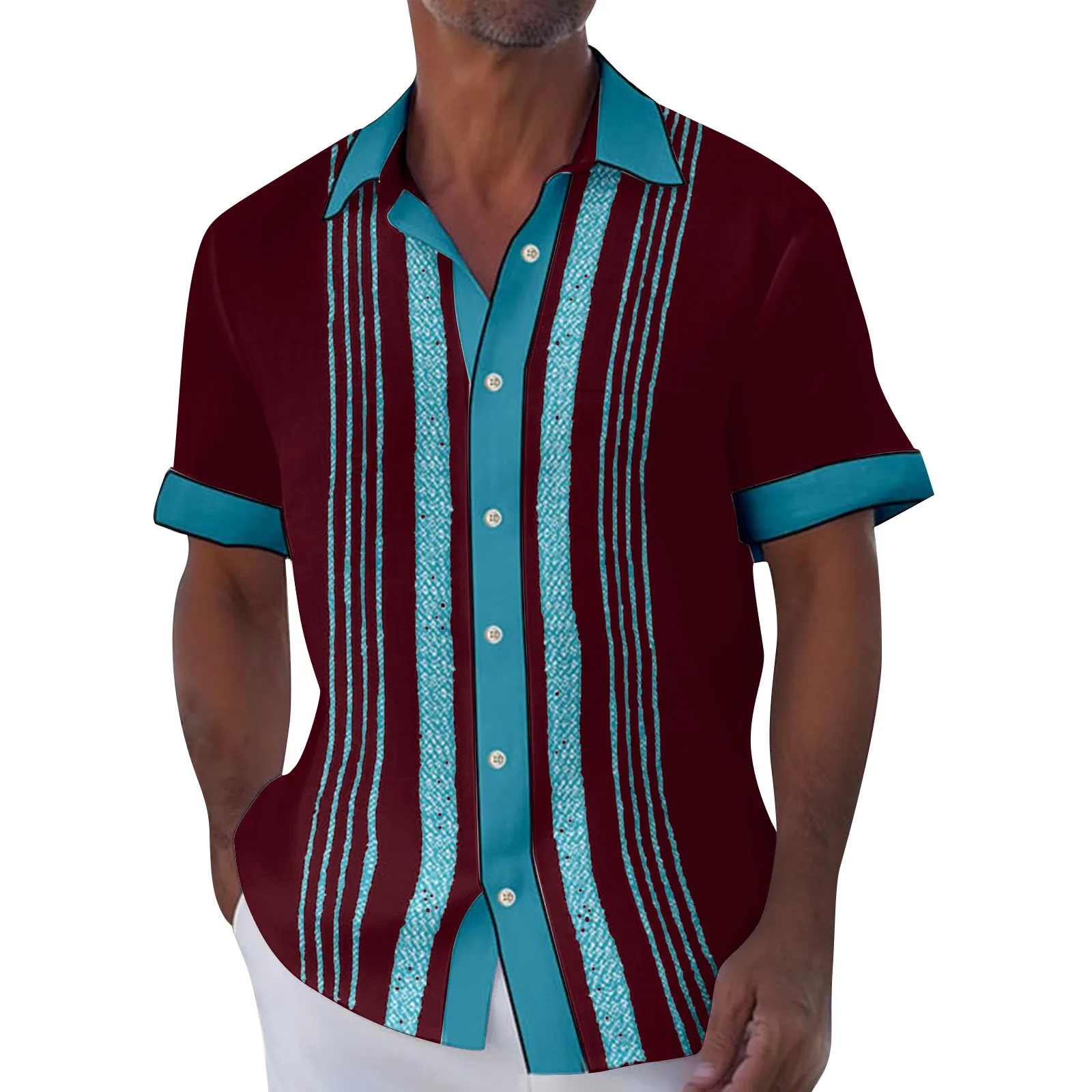 

Hawaiian Shirt For Men Trend Vintage Button Down Short Sleeve Shirts Summer Leisure Beach Vacation Stripe Patchwork Shirts