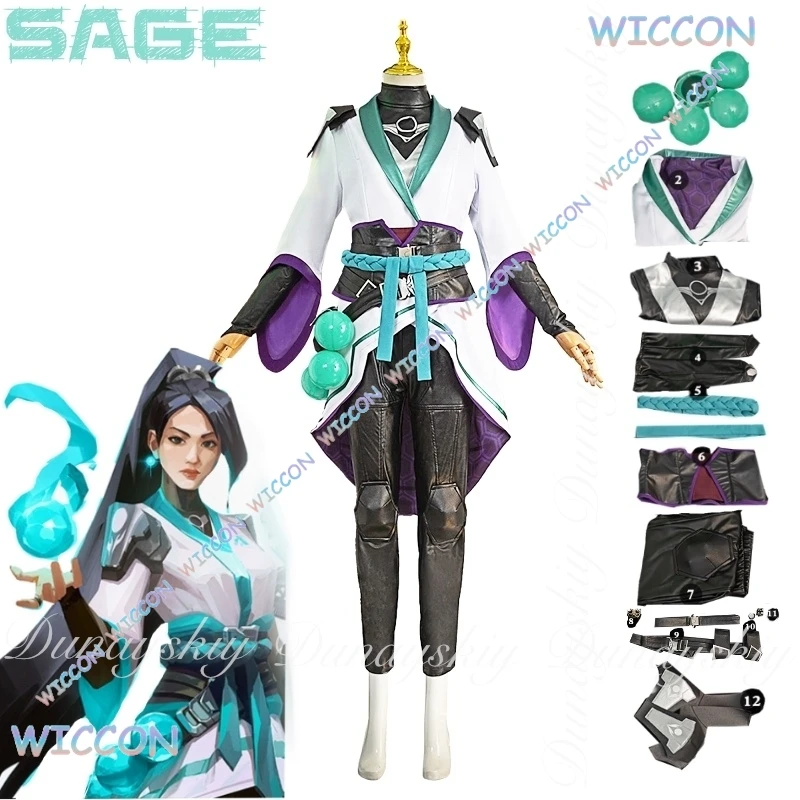 حكيم تأثيري آخر ممرضة مبللة كوس C VALORANT لعبة مع شعر مستعار أسود طويل ذيل الحصان مع زي قتال أبيض تأثيري حلي