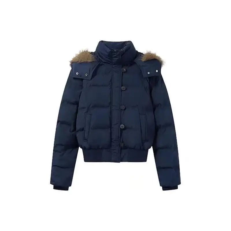 

Winter Versatile Navy Blue Hooded Cotton Jacket Fur Collar Winter Coats Women New Warm and Thick Hot Cotton Jackets