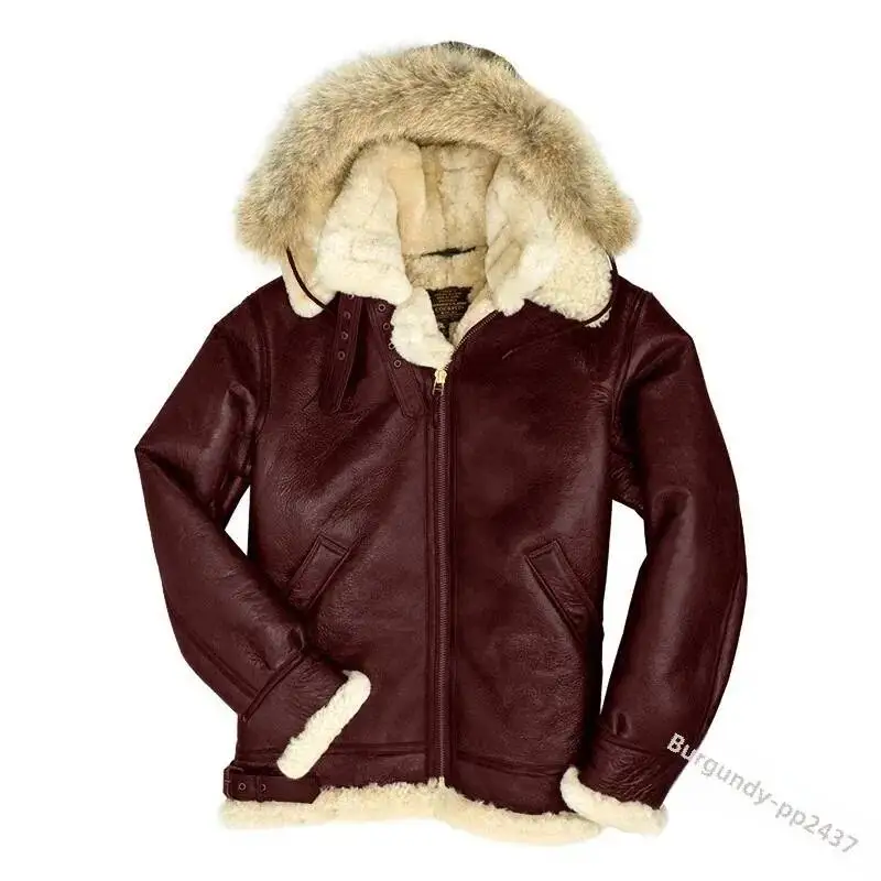 European African Winter Men's Fleece Lined Heavy Duty Hooded Jacket Zippered Pu Leather Coat Casual Scene Regular Size