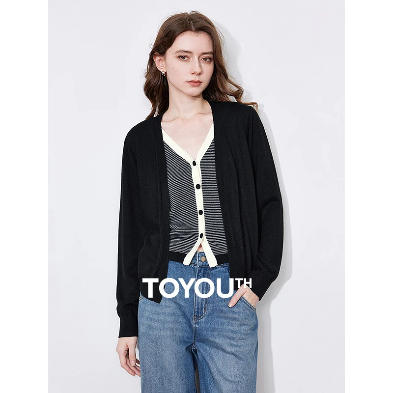 TOYOUTH Women Fake Two Piece Knitted Sweater 2025 Spring New V Neck Striped Long Sleeve Cardigan Jacket