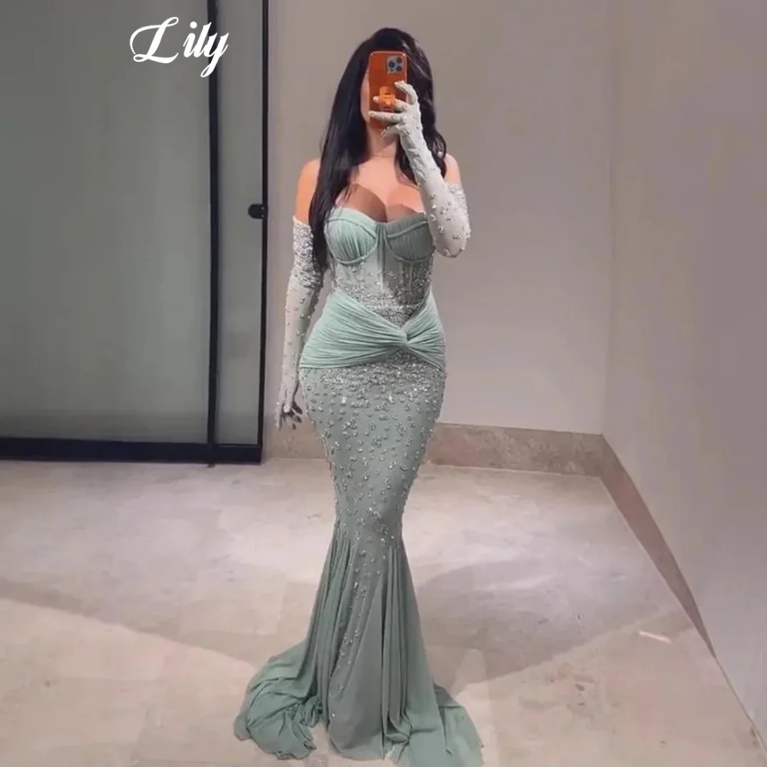 

Lily Sage Green Prom Dress Strapless Beaded Ruched Chiffon Mermaid Evening Dress Floor Length Formal Gown For Women Customized