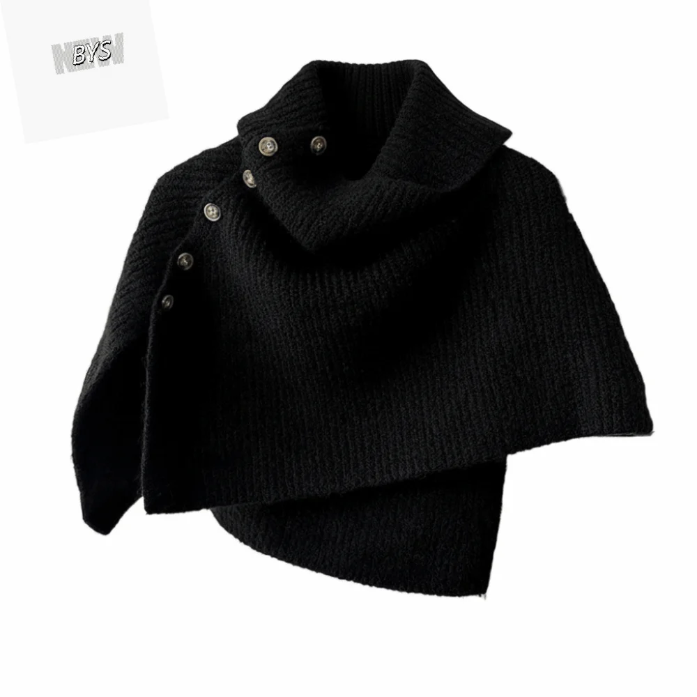 

Korean Style Button Knitted Shawl Warm Thicken Women Winter Shawl Cloak Irregular High Neck Scarf Student