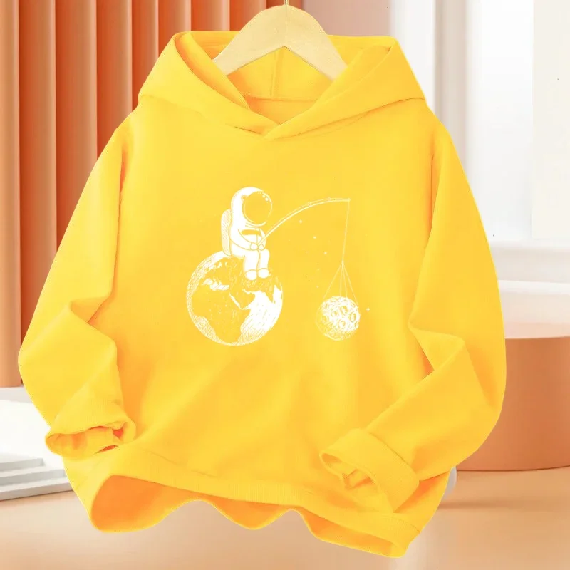 Spring Autumn Boys 2-14Year Cartoon Space Astronaut Fishing The Moon Long Sleeve Hoodie Children Funny Tops Kids Fashion Coat