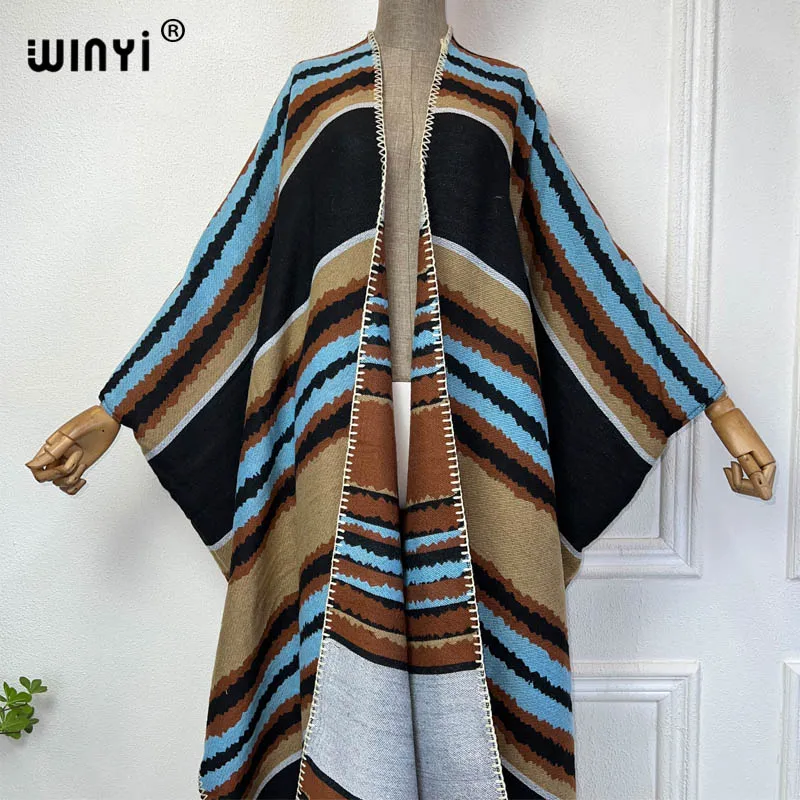 NEW WINYI Africa stripe print Winter cardigan woman kimono  party dress Thick Warm Female abaya winter outfits for women coat