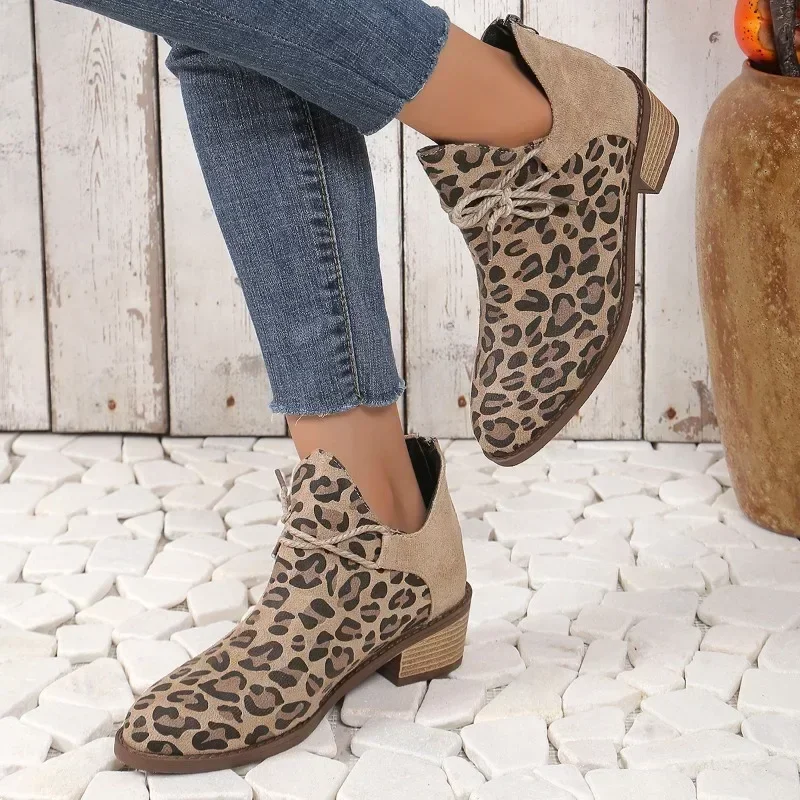 Leopard Women Ankle Boots Pointed Toe Heels Shoes New Autumn Winter Casual Lace-Up Woman Boots Fashion Pumps Zapatillas De Mujer