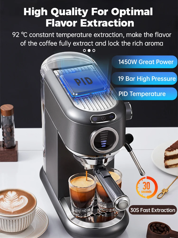 Cafelffe Coffee Maker 19Bar Inox Semi Automatic Super Slim ESE POD&Powder Espresso Cappuccino Machine Stainless Steel Cold/Hot