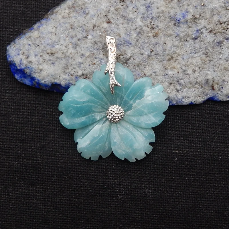 925 Sterling Silver Pendant,Natural Stone Amazonite Handcarved Flower Pendant Women Gift 32x35x6mm 9g