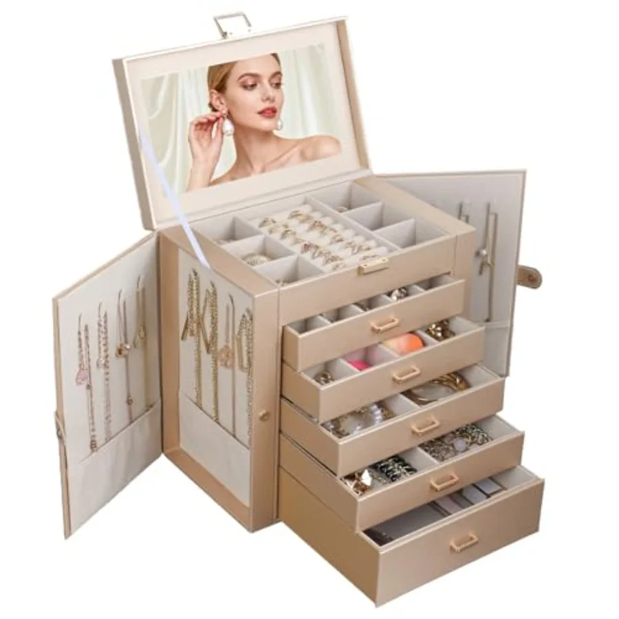 

Шкатулка для драгоценностей для женщин, 6-слойный большой органайзер для ювелирных изделий с зеркалом, многофункциональная коробка для хранения с замком, держатель для ожерелья с 5 D