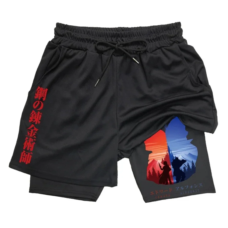 Anime Fullmetal Alchemist Gym Workout Shorts for Men 2 in 1 Compression Shorts with Pockets 5 Inch Quick Dry Running Fitness