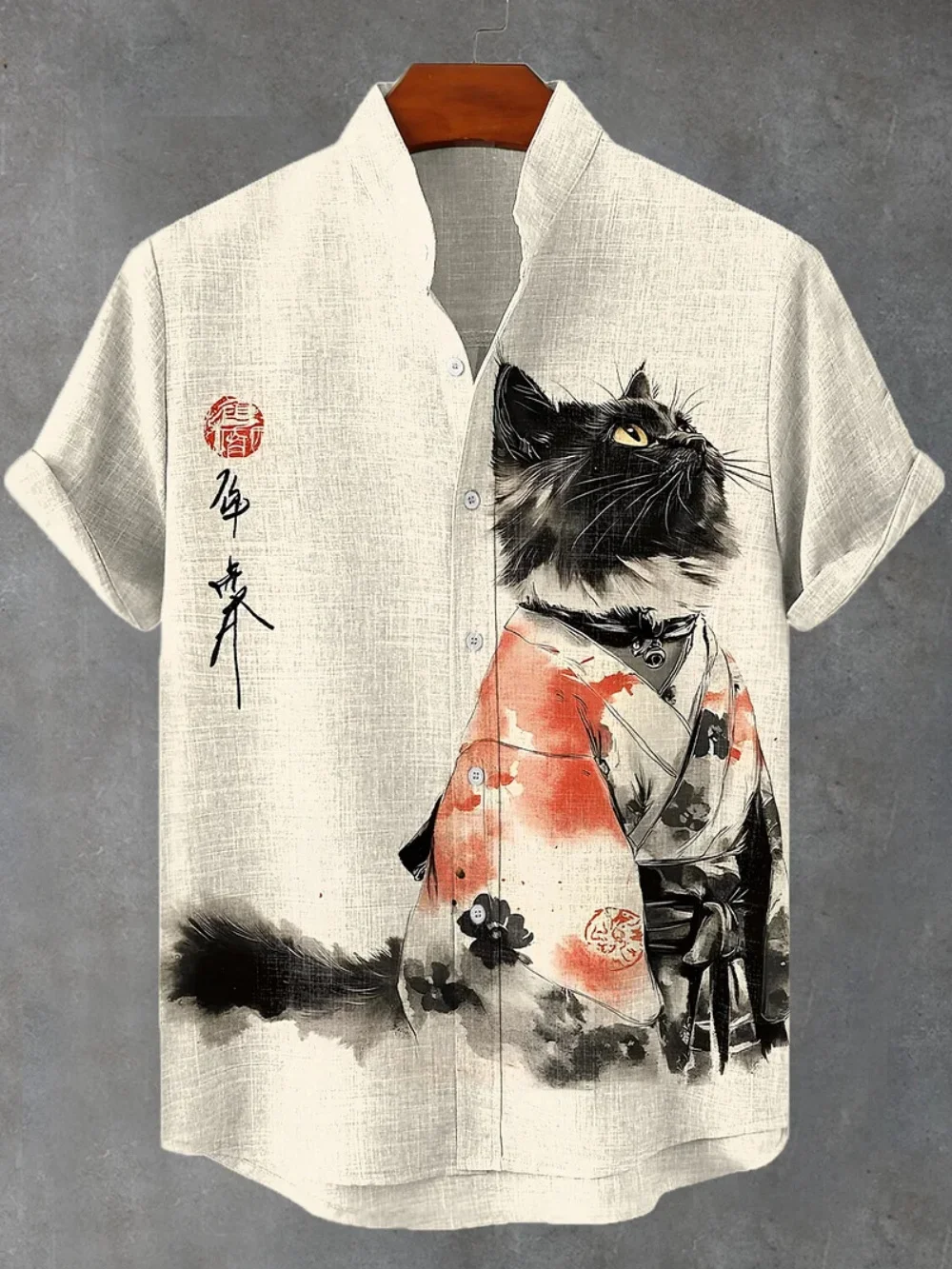 Men's Fashionable Stand up Collar Short Sleeve Linen Shirt Animal Printed Casual Clothing Trendy New Arrivals