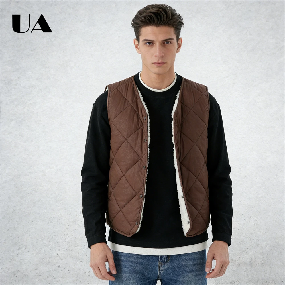 เสื้อกั๊กไร้แขนแบบควิลท์พร้อมซับในผ้าฟลีซ – ด้านในบุเชอร์ปาให้ความอบอุ่น ดีไซน์ติดกระดุมด้านหน้า ผ้าบุนวมน้ำหนักเบา เสื้อกั๊กผู้ชาย
