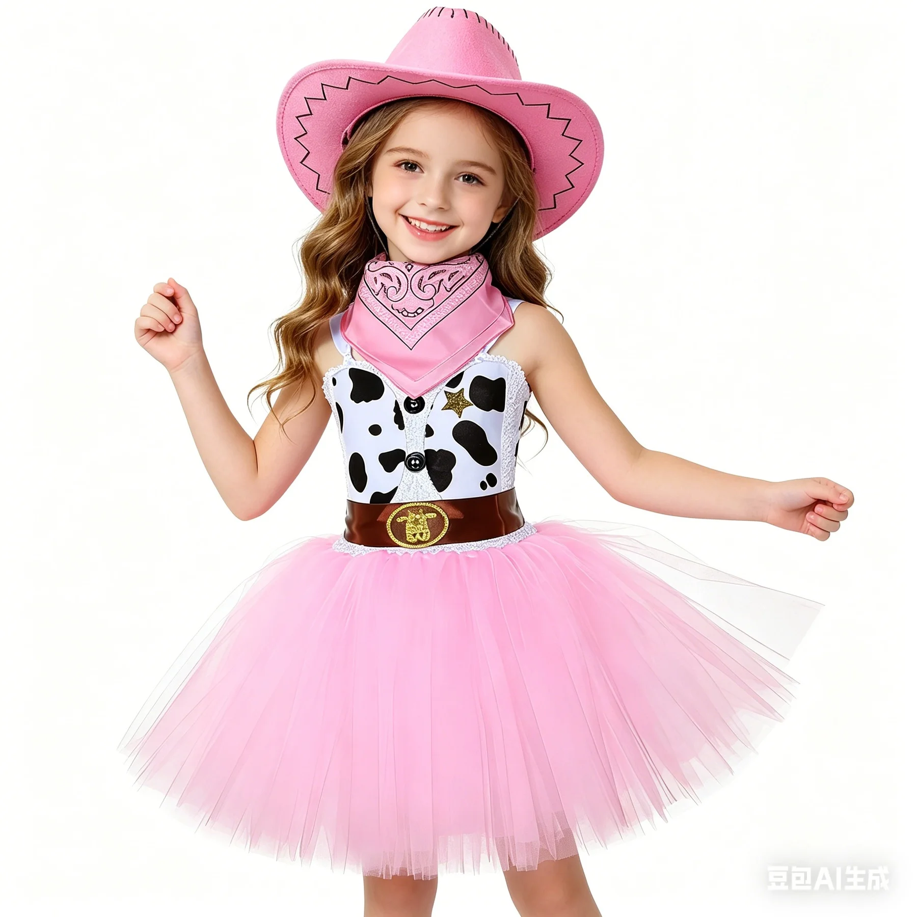 

Pink Western Cowern Cowgirl Dresses for Girls Birthday Carnival Costumes Children Disguise Tutus Outfits with Cowboy Hat Bandan