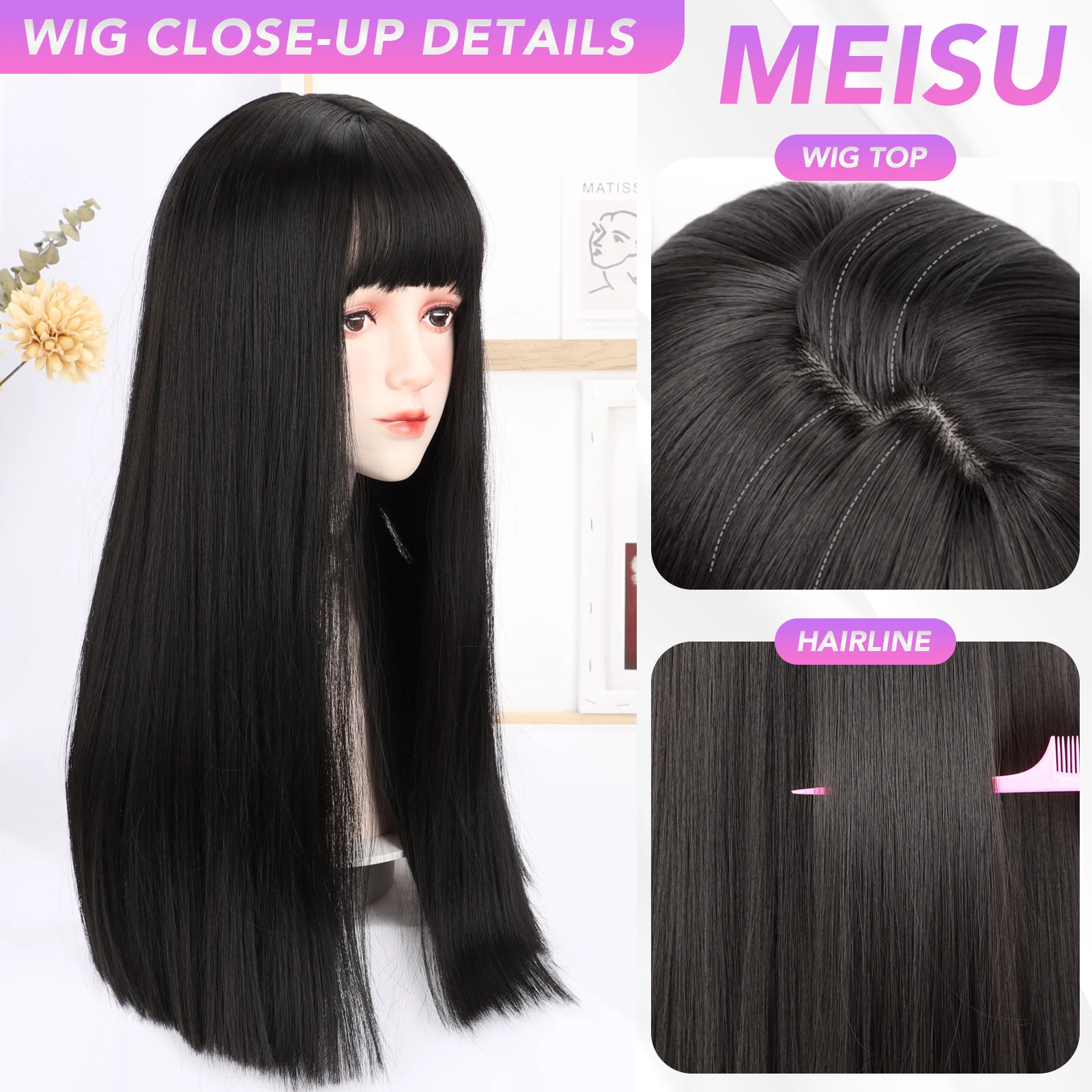 MEISU Black Long Straight Wig Air Bangs Hair 22 Inch  Fiber Synthetic Heat-resistant Sweet And Natural Party or Selfie For Women